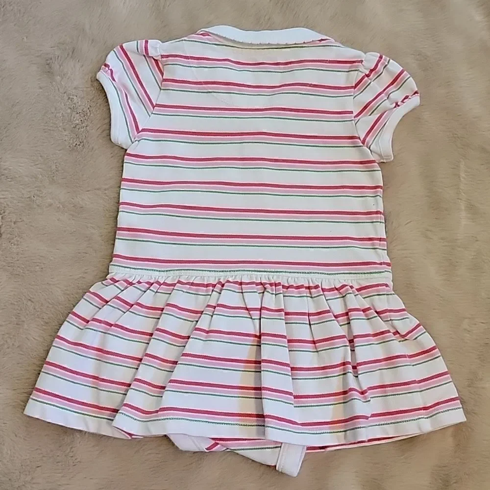 GAP WHITE STRIPED POLO DRESS WITH ATTACHED ONESIE, SIZE 3-6 MONTHS